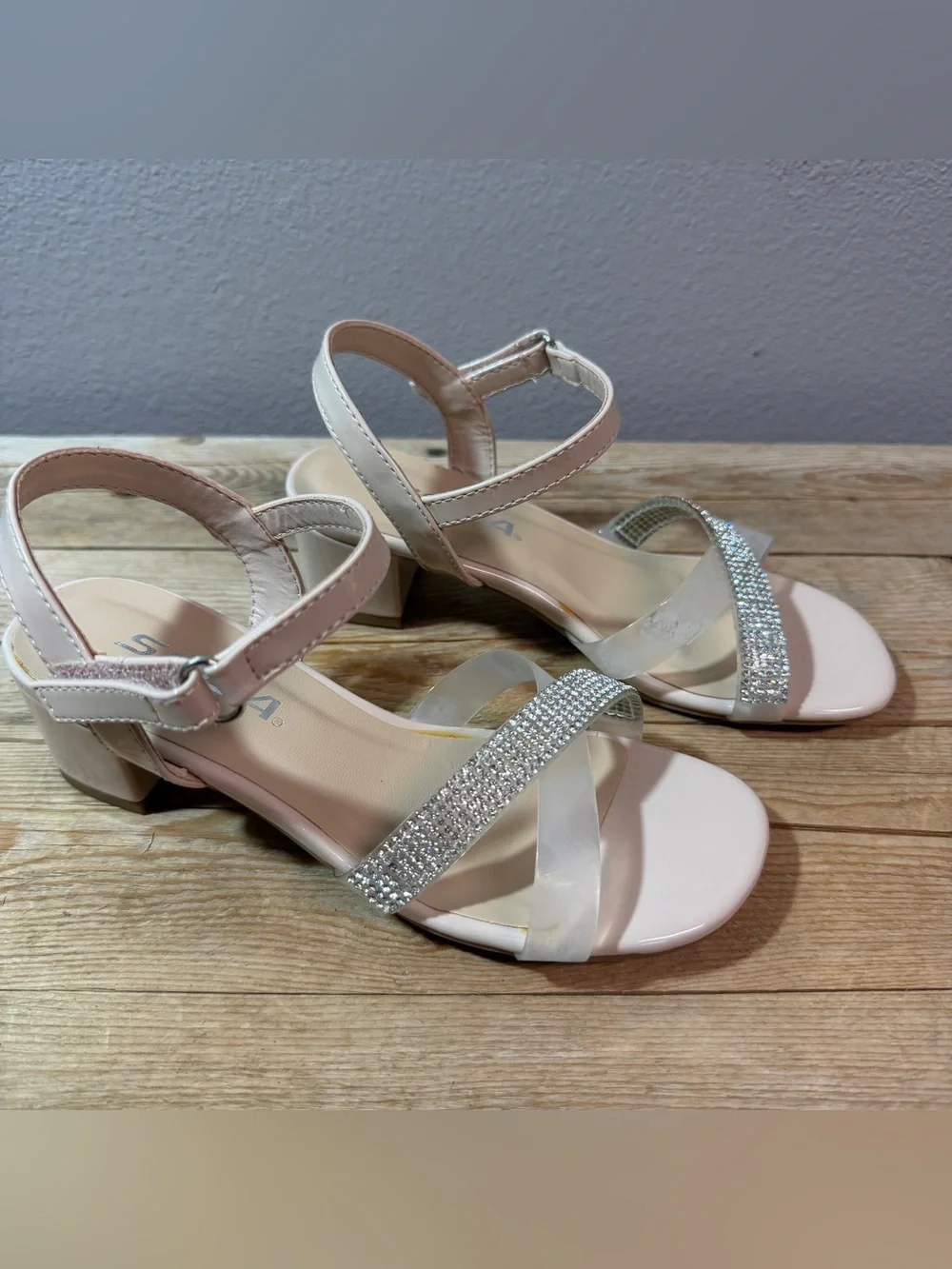 Rhinestone Ankle-Strap Sandals in light peach